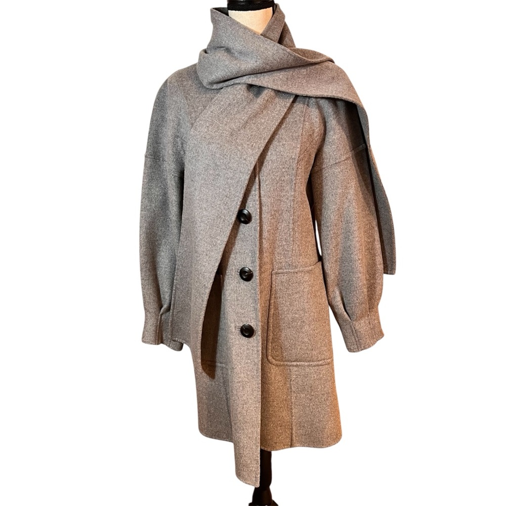 Magaschoni Grey Wool & Cashmere Blend Coat With Attached Scarf Sz-6